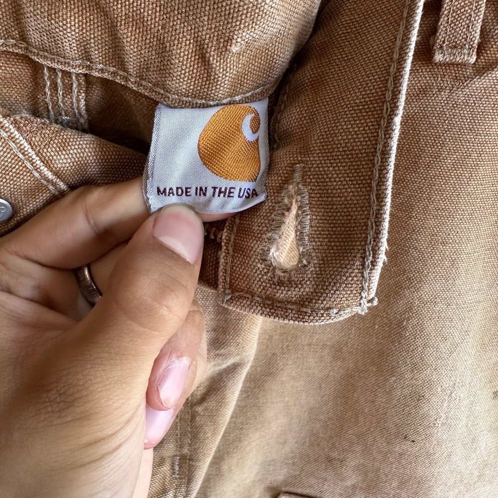 Carhartt Tan Distressed Double Knee Paint Stains Work Pants 1990s USA 36x32 - Picture 4 of 7
